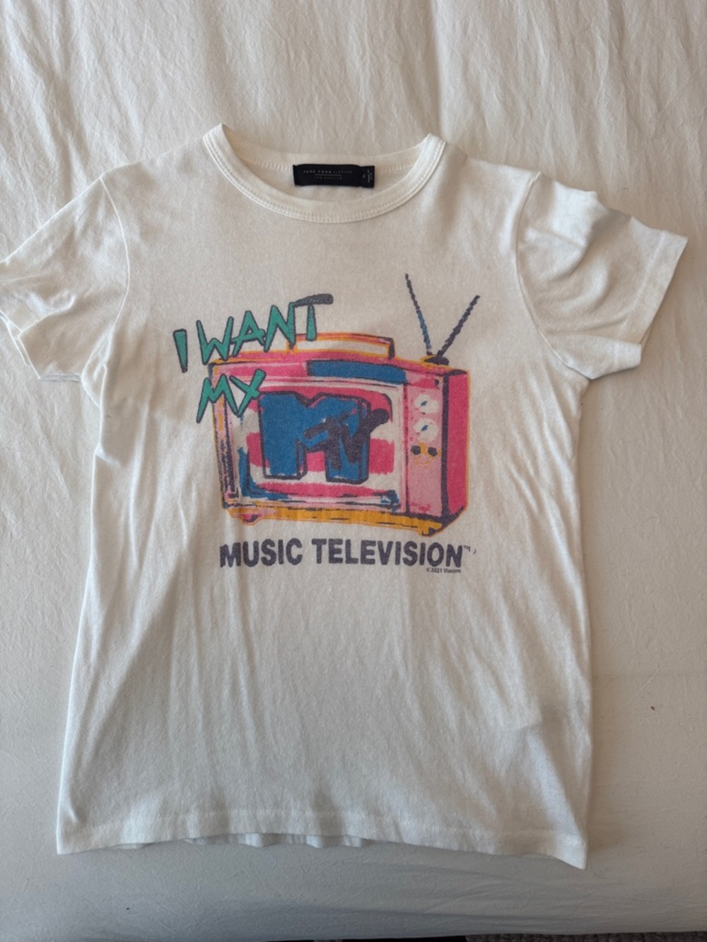 Junk Food Clothing White Tee with Multicolor Retro Screen Print